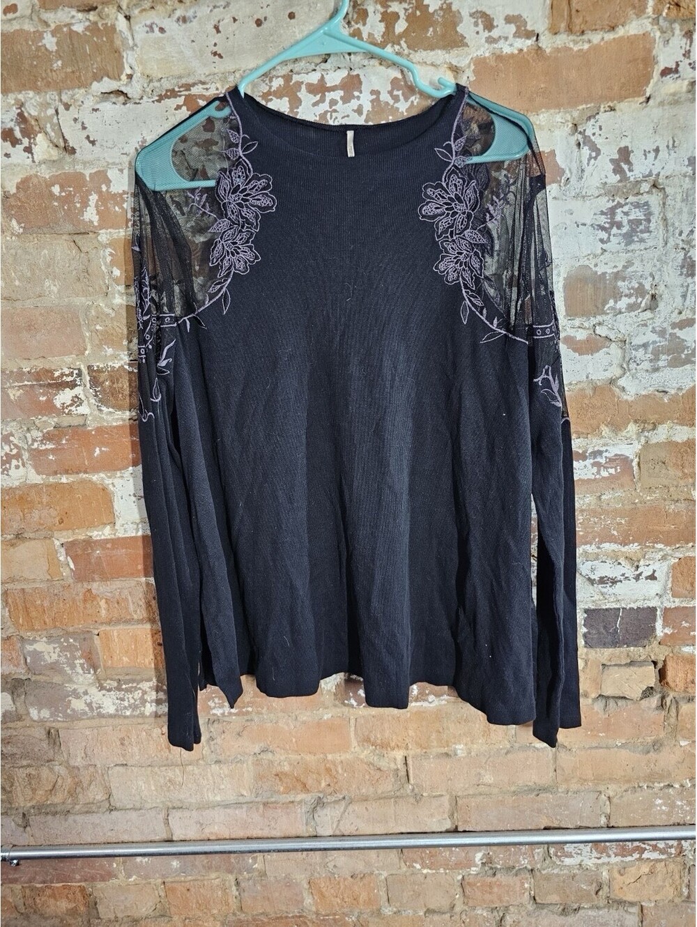 We The Free Free People Black Purple Embroidered Mesh Long Sleeve Top Large
